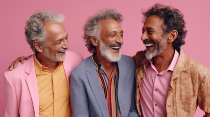 Three senior men radiate joy and camaraderie in colorful attire. Generative AI