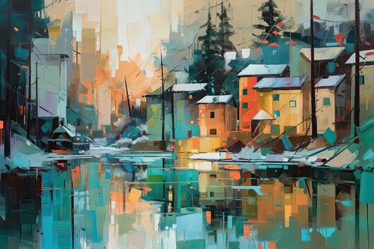 A city by the lake. Illustration in oil painting style. generative AI.