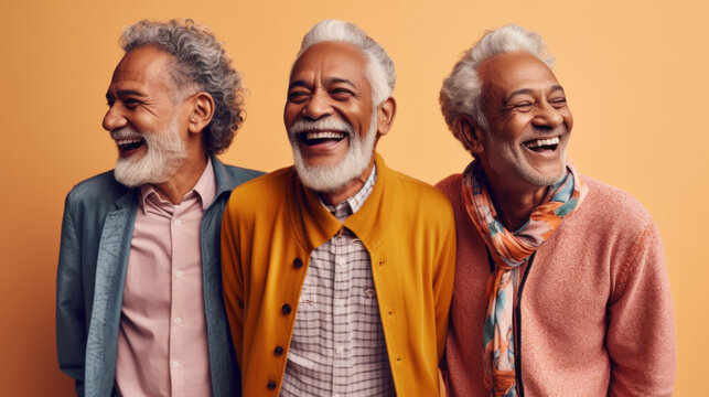 Three senior men radiate joy and camaraderie in colorful attire. Generative AI
