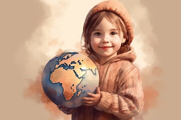 Naklejka premium A fictional smiling child holding a globe in her hand. Watercolor style illustration. Generative AI