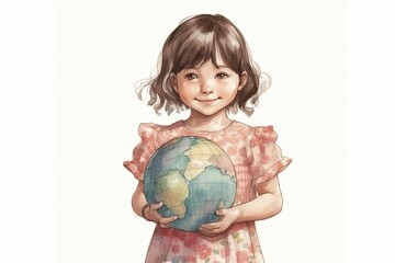 A fictional smiling girl holding a globe in her hand. Watercolor style illustration. Generative AI