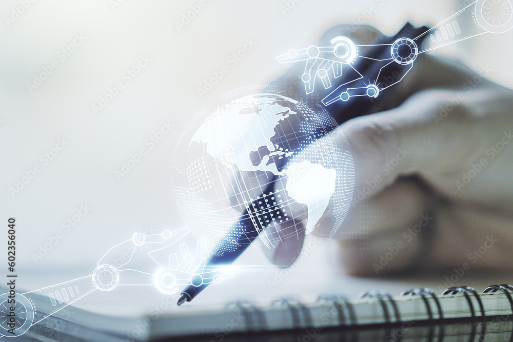 Aufkleber double exposure of robotics technology with world map hologram and woman hand writing in notebook on
