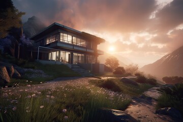 Luxury house in the mountains. Generative AI.