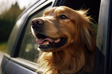 happy dog with head out of the car window. generative AI.