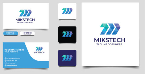Initial M Letter Technology Logo Design in polygon style with Business Card