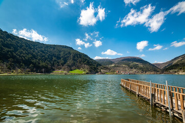 Cubuk Lake in Goynuk District of Bolu, Turkey.  Beautiful lake view with windmills.