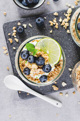 Crunchy Granola with Yogurt, Lime and Blueberries, Dessert Parfait, Healthy Snack or Breakfast on Bright Background