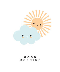 Cute Nursery Vector Art with Smiling Sun and Fluffy Cloud Isolated on a White Background. Kids Room Decoration. Kawaii Style Happy Sun and Cloud Print ideal for Card, Wall Art, Poster. 