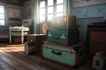 Suitcases in the old hotel room, sunrise