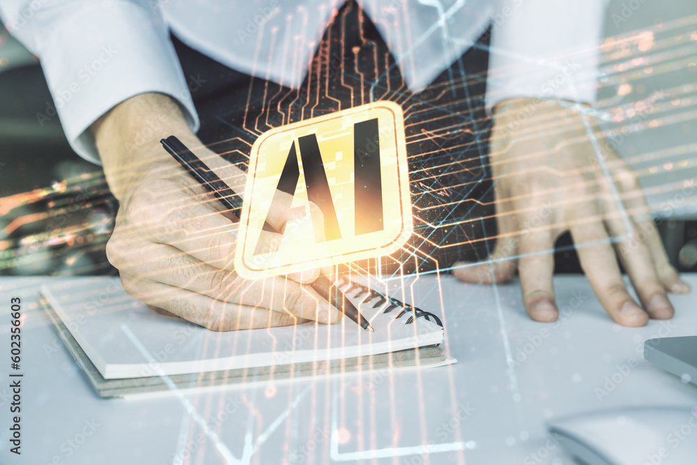 Poster double exposure of creative artificial intelligence icon with hand writing in notebook on background