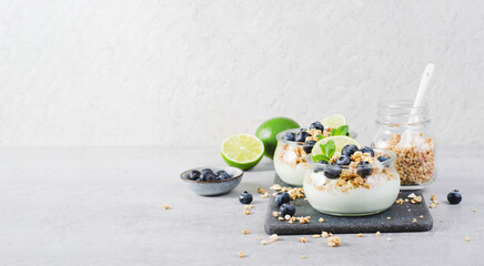 Crunchy Granola with Yogurt, Lime and Blueberries, Dessert Parfait, Healthy Snack or Breakfast on Bright Background