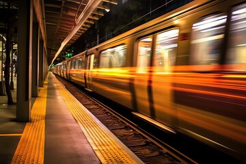 Fototapeta premium moving train with blurry lights ideal for transportation backgrounds, generative ai