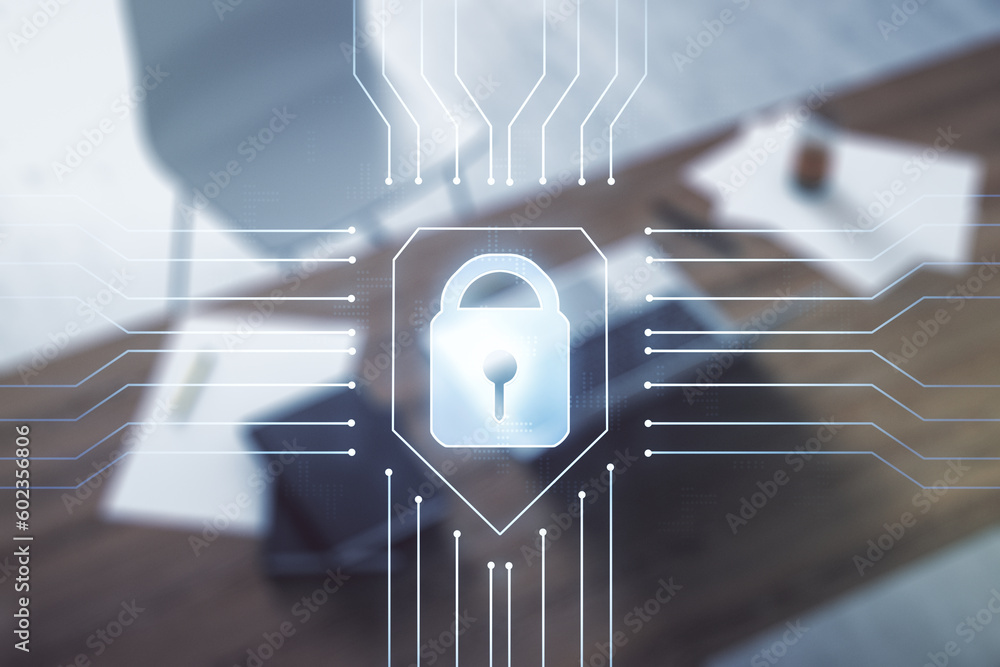 Aufkleber creative idea concept with lock symbol and microcircuit illustration and modern desktop with compute
