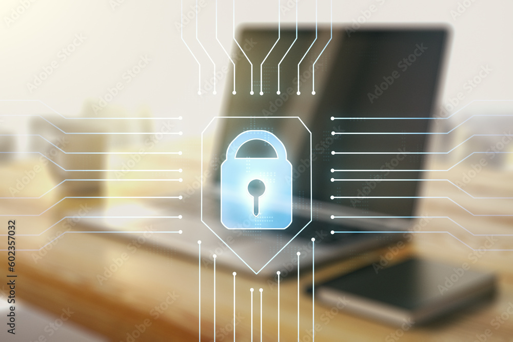 Poster creative lock sketch with chip hologram and modern desk with computer on background, protection of p