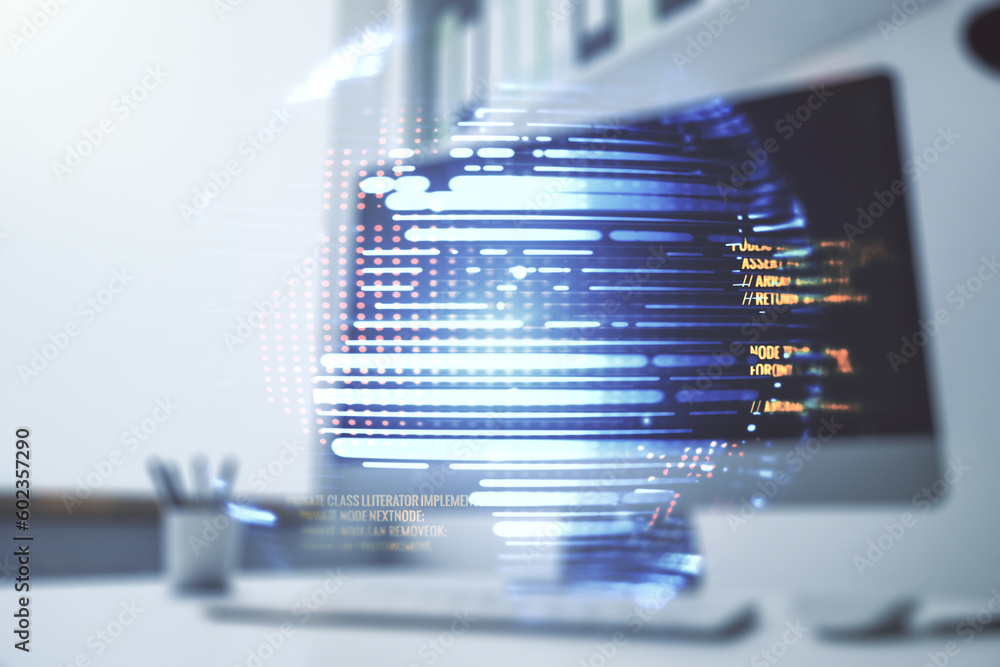 Poster multi exposure of abstract software development hologram with world map and modern desktop with lapt
