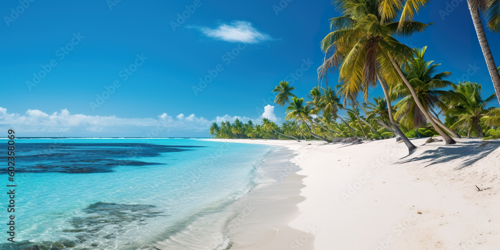 Poster a beach with palm trees and clear water. generative ai.