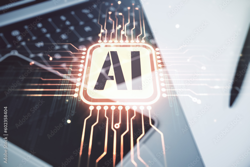Aufkleber Creative artificial Intelligence symbol concept with modern laptop on background. Multiexposure