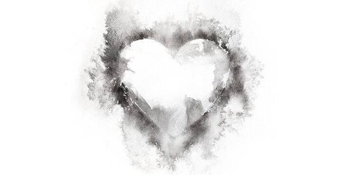 Watercolour splashes heart on white paper background.