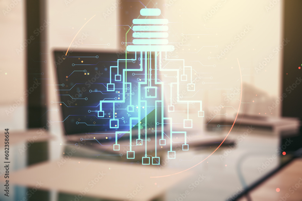Poster Creative idea concept with light bulb and microcircuit illustration on modern laptop background. Neural networks and machine learning concept. Multiexposure