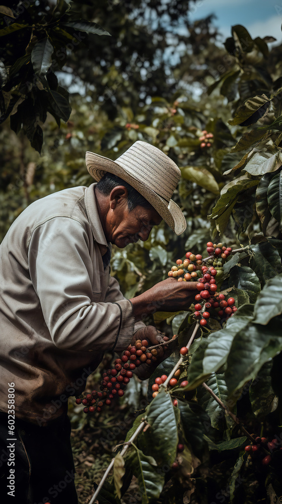 Poster a man picking coffee beans from a tree. generative ai.