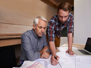 Architecture, teamwork and men with blueprint in workshop for building construction. Senior...