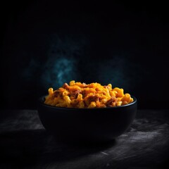 Macaroni and cheese in black bowl with smoke on dark background - made with generative AI