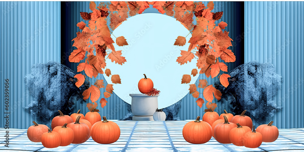 Aufkleber an image was composed of artificial autumn background colours, bordered by blue - generative ai.