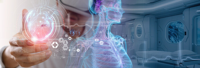 Cardiologist doctor examine patient heart functions and blood vessel on virtual interface. Medical...
