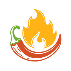 Red chili pepper and fire isolated on white background. Vector illustration