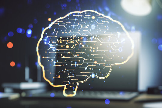 Creative artificial Intelligence concept with human brain sketch on modern computer background. Double exposure