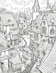 A black and white drawing of a town. Generative AI.