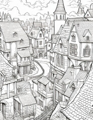 Naklejka premium A black and white drawing of a town. Generative AI.