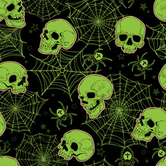 Seamless pattern of human skulls and cobwebs