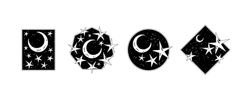 Set of geometric compositions with moon and stars