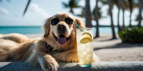 Golden Retriever dog is on summer vacation at seaside resort and relaxing rest on summer beach of Hawaii Generative AI - obrazy, fototapety, plakaty