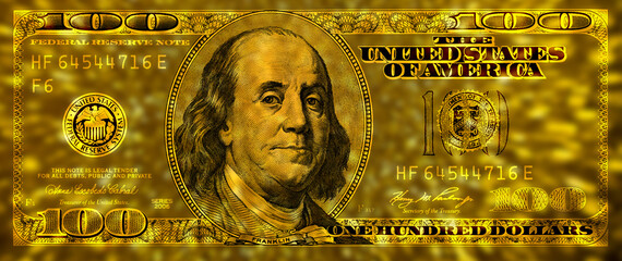 golden textured 100 US dollar banknote with black background