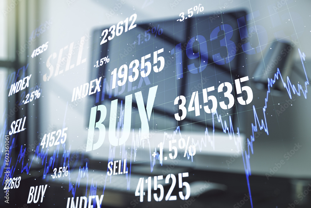 Poster Multi exposure of abstract creative financial chart on computer background, research and analytics concept