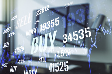 Multi exposure of abstract creative financial chart on computer background, research and analytics...
