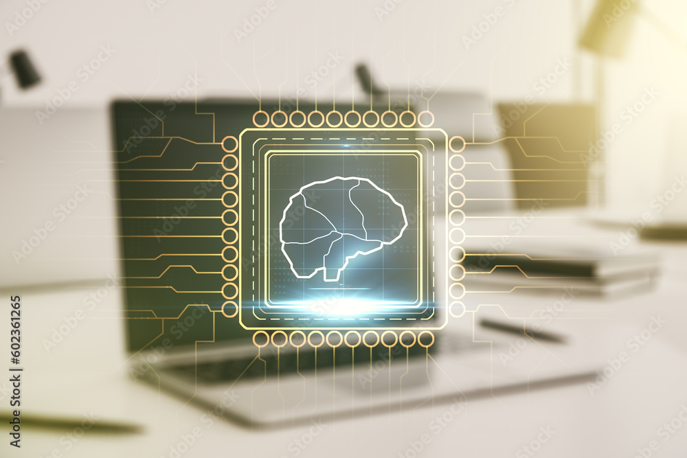 Aufkleber Double exposure of creative human brain microcircuit with computer on background. Future technology and AI concept