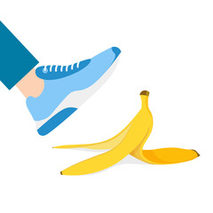 Man leg steps on a banana peel. Leg slipp. Vector illustration in trendy flat style isolated on white background.