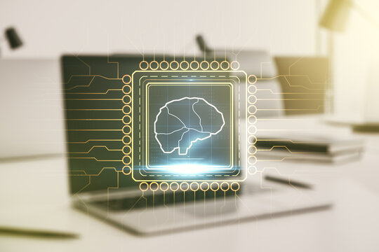 Double exposure of creative human brain microcircuit with computer on background. Future technology and AI concept