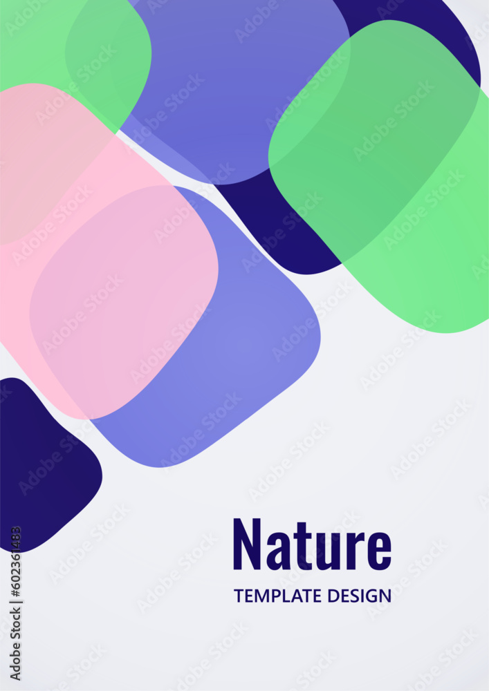 Poster geometric composition with a transparent overlay of colored rounded, square shapes. vector.