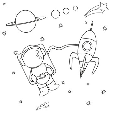 Coloring Page of Astronaut doing a Spacewalk with a Rocket and a Planet in the background Coloring page for kids