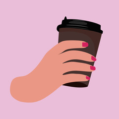 Hand holding coffee mug in flat illustration isolated. Morning beverage. Womens hand hold cup of drink caffeine breakfast. Vector illustration