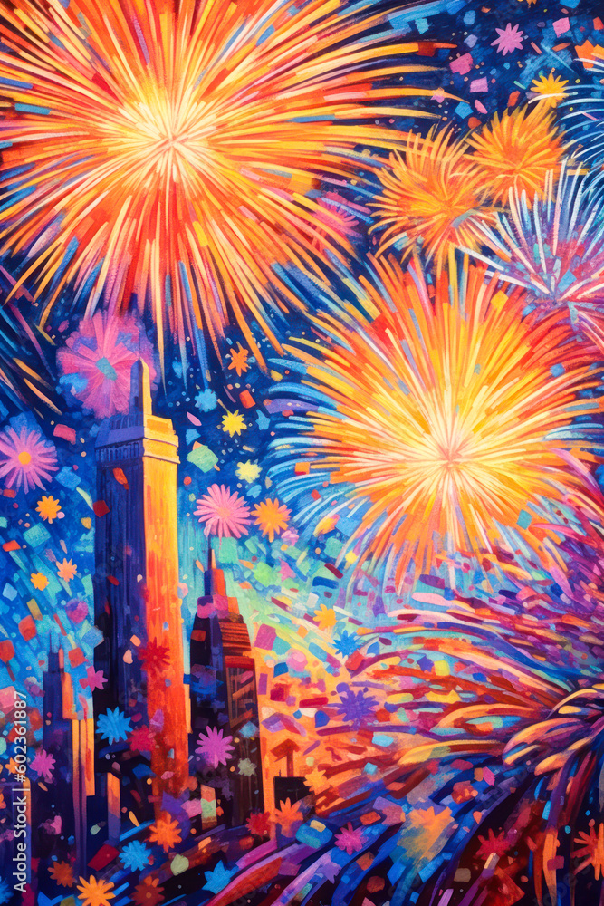 Sticker Fireworks painting, 4th of July. Generative AI