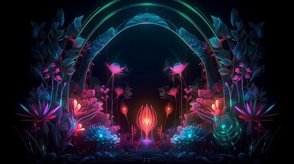Fototapeta premium illustration, floral fantasy with neon lights, ai generative