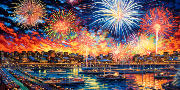 Fireworks display over city, lake, boats, 4th of July, New Year's Eve, painting. Generative AI
