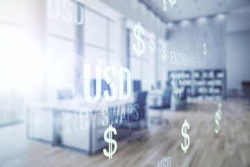 Virtual USD symbols illustration on a modern furnished office background. Trading and currency concept. Multiexposure