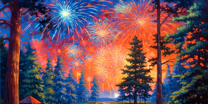 Fireworks display over a forest, landscape, painting, 4th of July, New Year's Eve. Generative AI