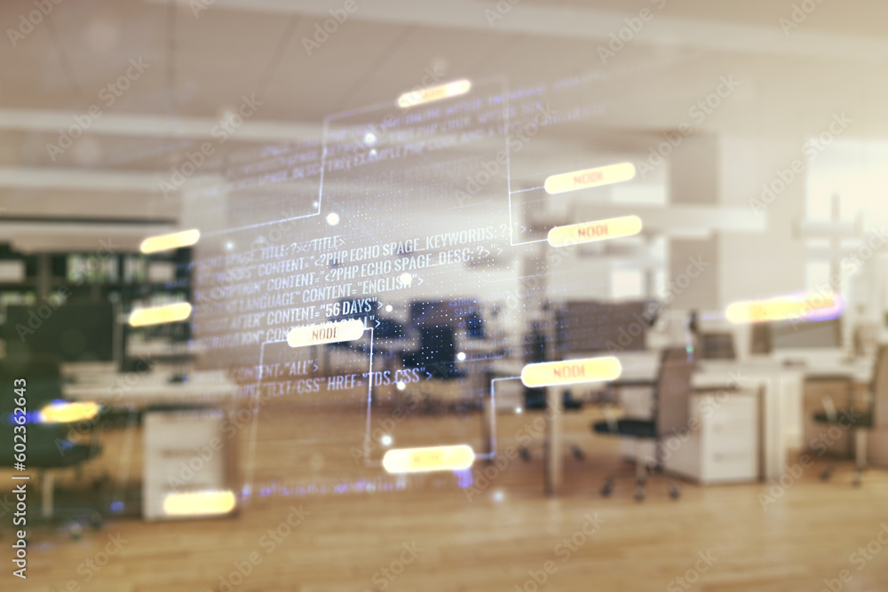 Poster Abstract virtual coding concept on a modern furnished office background. Multiexposure